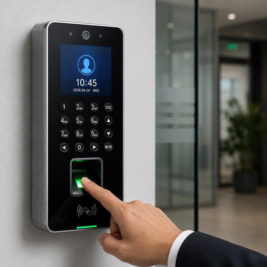 Finger on a wall-mounted fingerprint reader