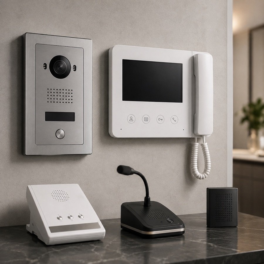 Brushed steel intercom door panel