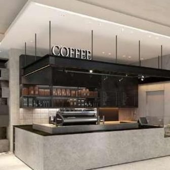 Café coffee bar with a counter front in a grey cement finish