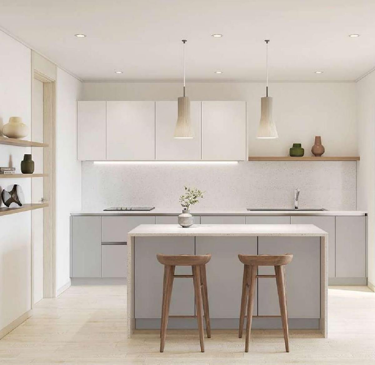 Kitchen with matt white upper cabinets and grey base units